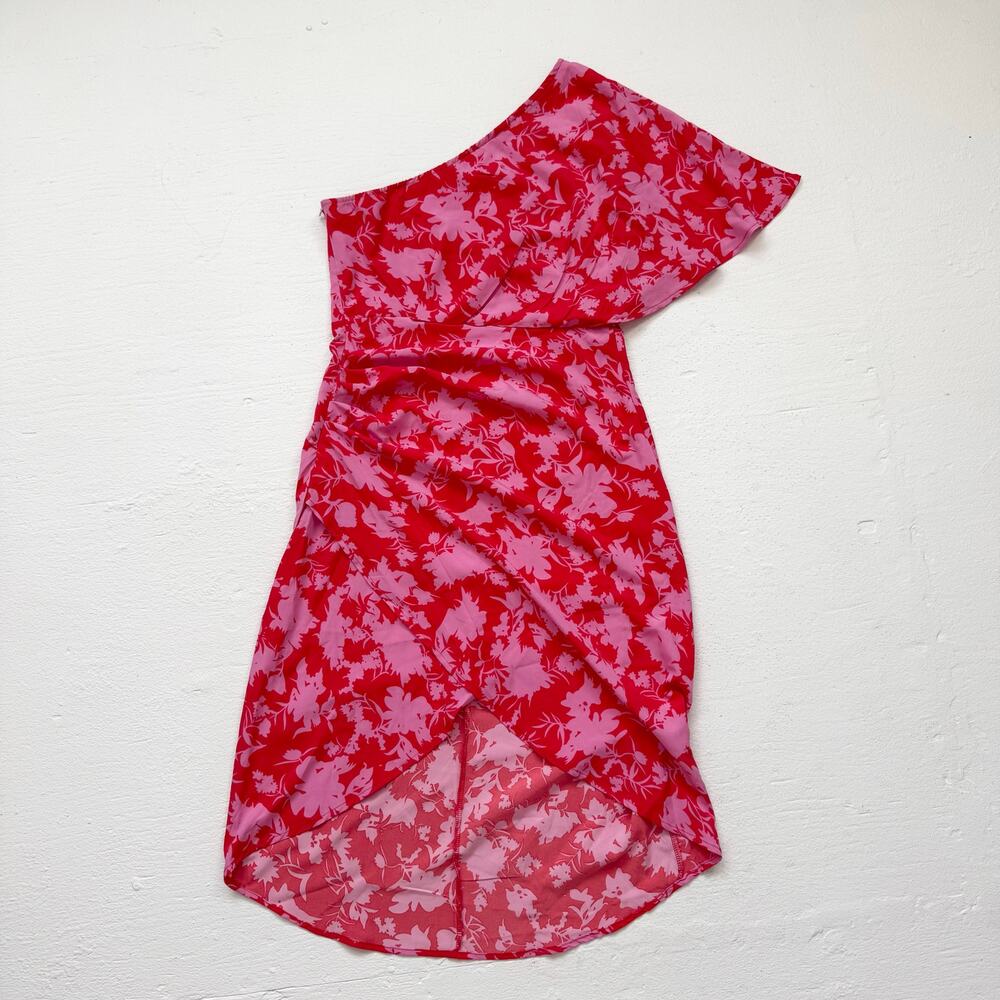 Pink Floral One Shoulder Ruched Dress, Size Large